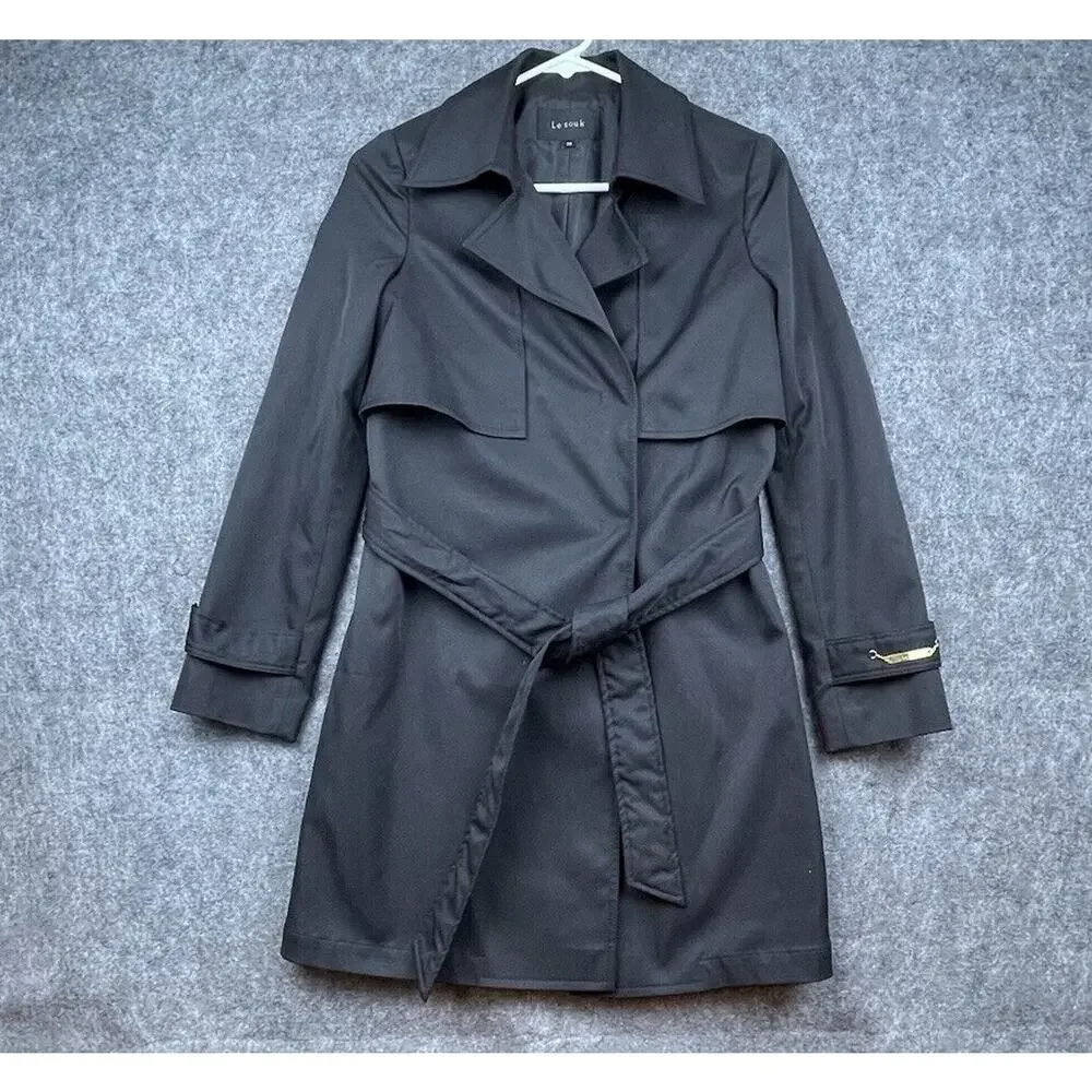 Le Souk Trench Coat Womens 36 Small Black Belted Vented Luxury Runway Jacket